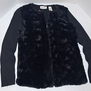 Alfred Dunner Black Faux Fur Zippered Cardigan Women's Small